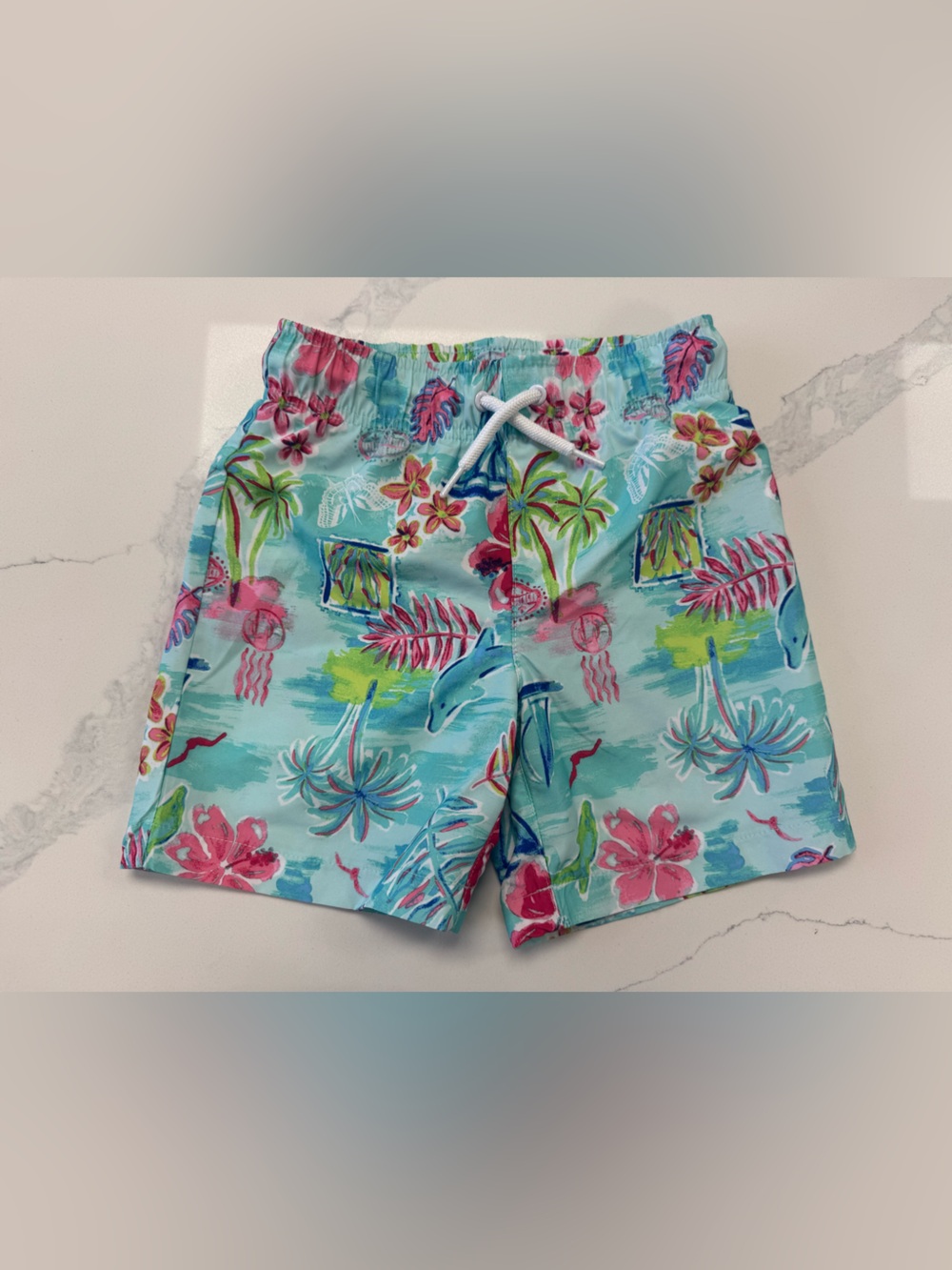 Place Kids Aqua Tropical Swim Trunks with Pink Floral Print